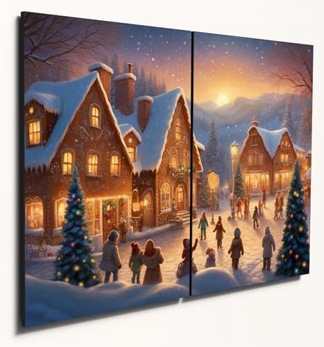 The Plum Penguin Twilight Winter Village Scene A4 Wooden MDF Wall Art Set - Festive Home Décor Canvas Alternative 40 x 30cm