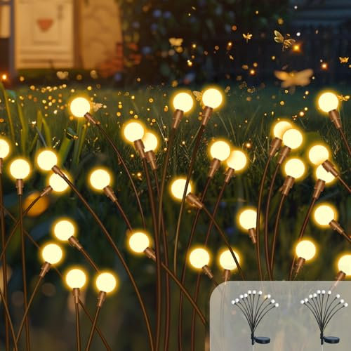 2 Stück Firefly Solarlampen für Außen Garten, 10LED Solar Glühwürmchen Warmweiß, IP65 Wasserdicht, 2 Modi Firefly Solar Licht, Swinging Garten Lichter Dekorative für Fußweg, Yard, Garten, Patio