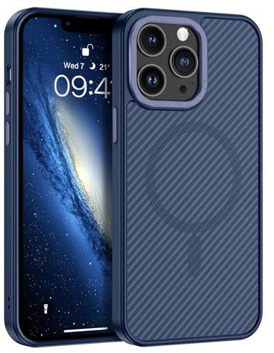 DOMAVER Case for iPhone 13 Pro Max, [Compatible with Mag Safe] Carbon Fiber Metal Lens Frame+Buttons Support Wireless Charging Men Women Slim Shockproof Protective Phone Cover 6.7 Inch, Blue