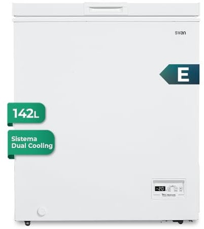 Svan Congelador horizontal Blanco SCH1501EDC. Capacidad 142 Litros, Dual Cooling, 1 Cesta, Bajo nivel Sonoro, Eficiencia Energética Clase E [Clase de eficiencia energética E]