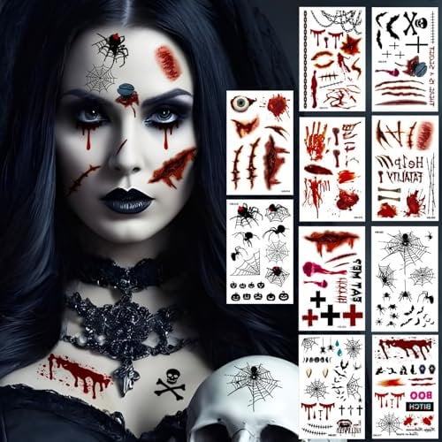Halloween Tattoos, 10 Blatt Halloween Kostüm Damen Herren Tattoo Gesicht, Zombie Vampir Hexen Make Up Schminke Zubehör Accessoires, Horror Narben Wunden Spinnen Gruselig Gesichtstattoo