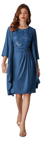 GRACE KARIN Vestido de Madre de la Novia para Mujer Vestido con Purpurina de 2 Piezas Vestido de Invitada de Boda de Manga 3/4 Gris-Azul