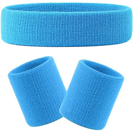 3 Stück Schweißbänder Handgelenk Schweißbänder Stirnband Set Sport Wristbands Headbands, Sport Schweißband Stirnbänder Set für Fußball Basketball Tennis -Hellblau