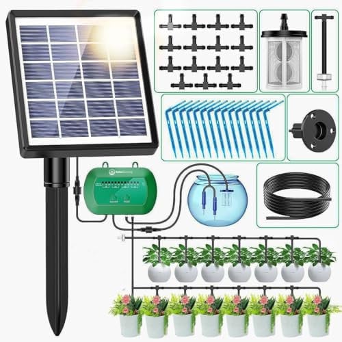 Riego Por Goteo Automático Energía Solar, 2024 Sistema de Riego Solar para Jardín con Batería 2200mAh, 30 Días de Autonomía con 12 Modos de Riego & 15 Cabezales de Goteo Resistente