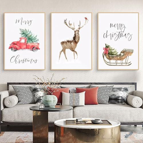 Viusneun 3er Weihnachts Poster Set, Frohe Weihnachten Wandbilder Premium Leinwandbilder Kunstdruck Poster Aesthetic Wandposter für Weihnachts Ohne Rahmen (50 x 70 cm)