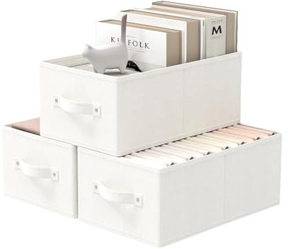 GUOHNHE Aufbewahrungsbox, 3er Set Zusammenklappbar Stoffboxen, Aufbewahrungskorb mit 2 Griff, Oxford-Gewebe, pflegeleicht, Aufbewahrung Korb Stoff für Regal, 33 x 23 x 14 cm, Weiß, XSNY11WS-3