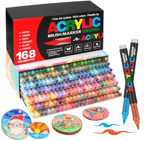 Laconile 168 Colours Accrylic Paint Brush Markers Set -Paint Pens Acrylic Markers for Rock Painting Cermic Glass Stone Metal Fabric, Water-based Acrylic Paint Pens with 1-5MM Flexible Brush Tip