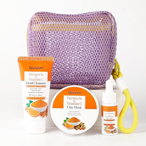 QUIYUM Set de Curcumina y Vitamina C para el Rostro, Set para el Cuidado de la Piel, para el Cuidado Facial Femenino con Limpiador, Suero y Máscara de Barro, 3 Piezas en Tamaño de Viaje