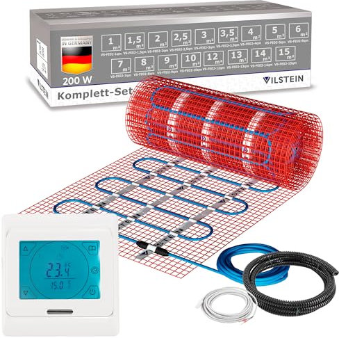 VILSTEIN Elektrische Fußbodenheizung 200W/m², für Fliesen Laminat und mehr, Komplett-Set, TWIN Technologie Heizsystem, Fußboden Heizmatte, 12.0x0.5m - 6qm