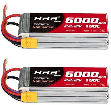 HRB 6S Lot de 2 batteries LiPo 6000 mAh 100 C XT90 22,2 V RC Compatible avec hélicoptère radiocommandé, avion, voiture, bateau, camion