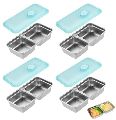 KINDLUME Fiambrera Acero Inoxidable 2 Compartimentos, Pack De 4 Cajas De Alimentos Reutilizables para Niños, Herméticas, Apto Lavavajillas para Escuela, Trabajo, Picnic