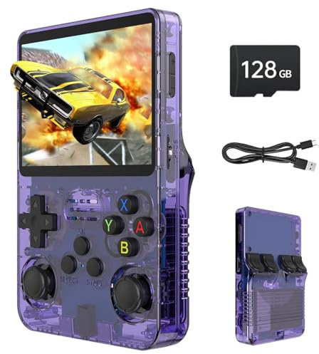 Febotak R36S Retro Handheld Game Console, 3.5-inch IPS Screen, 128 GB Storage, Over 40,000 Games Based on LINXU Open Source ARKOS, 3500 mAh Battery (Purple)