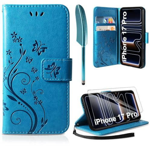 AROYI Lederhülle Kompatibel mit iPhone 17 Pro Hülle und Schutzfolie, Flip Wallet Handyhülle PU Leder Case Kartensteckplätzen Schutzhülle Kompatibel mit iPhone 17 Pro Blau