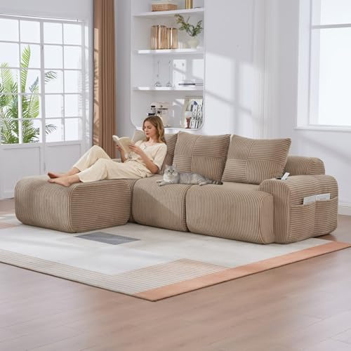 PUGSDRLY Canapé Modulaire en Velours Côtelé, Canapé d'angle Moderne, Assise Profonde, Accoudoirs Larges, sans Assemblage, avec Porte-Gobelet et Poches Latérales (Kaki, 3 Places + 1 Repose-Pied)