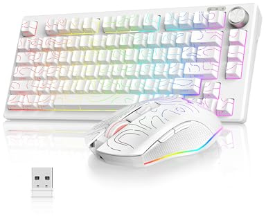 RedThunder K75 75% Wireless Membrane Keyboard and Mouse,3-Mode 2.4G/BT/USB-C,US Layout Side-Engraved,Volume Knob,TKL Ultra Compact Design,Optical Gaming Mouse with 4800DPI for PC Mac (Contour White)