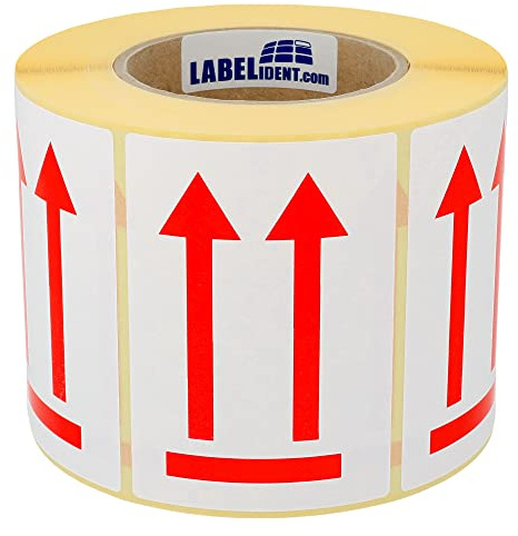 Labelident Warnetiketten 74 x 105 mm - Paket Aufkleber Doppelpfeil - Hier oben/Diese Seite nach oben/This side up - 1.000 Versandaufkleber auf 1 Rollen, Papier weiß-rot