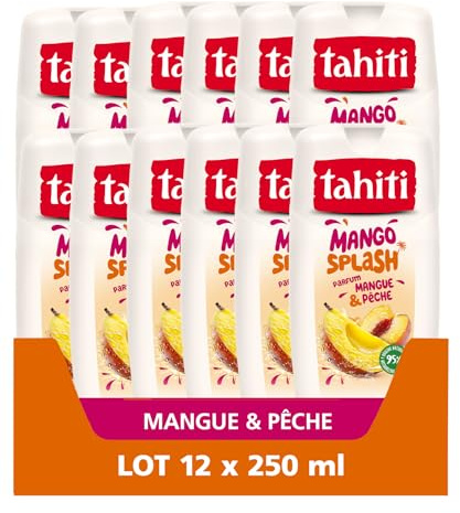 Tahiti, Gel Douche Mango Splash, Parfum Mangue et Pêche, Lot de 12 x 250 ml | Gel douche fruité et gourmand, Offre un vrai moment de lâcher-prise exotique, Formule à 95% naturelle et pH neutre