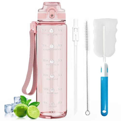 Gylinm 1L Water Bottle Made of BPA-Free Tritan Material, Sports Water Bottle with Removable Straw & Hydration Time Markerings, Ideal for Gym, Travel, Home, School and Outdoor Activities - Pink