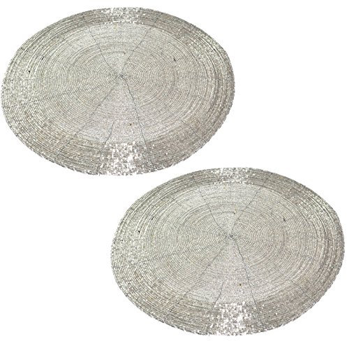 Prisha India Craft Set of 6 Silber Perlen rund Ethnic Tisch-Sets/Platzsets – Großer Untersetzer perfekt für Dinner Tisch (Dia – 30,5 cm) Weihnachten Geschenk