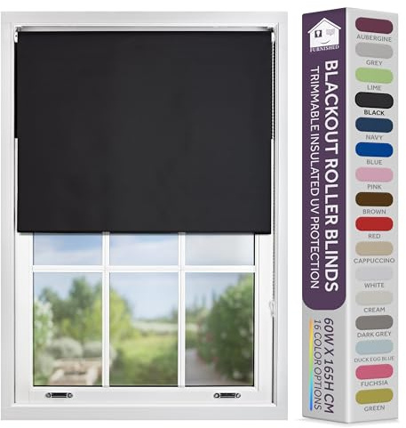 FURNISHED Blackout Roller Blind with Metal Fittings Trimmable Insulated Thermal Fabric Heavy-duty Easy Install Brackets Window Roller Blinds - Black, 90W x 165H cm