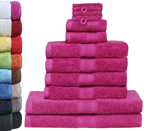 GREEN MARK Textilien 10 TLG. FROTTIER Handtuch-Set mit verschiedenen Größen 4X Handtücher, 2X Duschtücher, 2X Gästetücher, 2X Waschhandschuhe | Farbe: Pink | Premium Qualität