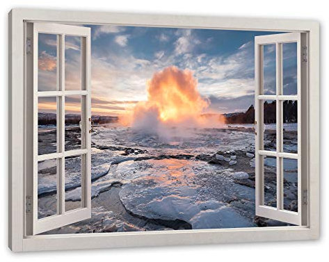 Pixxprint Heiße Quelle in Island, Fenster, Größe: 60x40cm, Leinwandbild, fertig gespannt, Wandbild, Dekoration, Kunstdruck, kein Poster