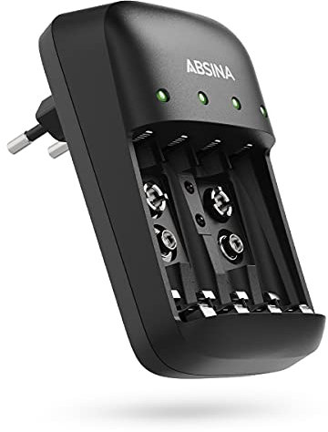 ABSINA Akku Ladegerät AA AAA & 9V - NiMH Ladegerät Akku Batterien 4-Fach für wiederaufladbare Batterien - Akkuladegerät für AAA, AA & 9V Block - Batterieladegerät Akku, Battery Charger