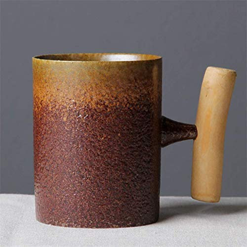 J.AKSO - Taza de café de cerámica con mango de madera, estilo japonés vintage, taza de agua para el hogar y la oficina