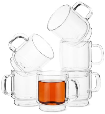 BTaT- Double Walled Stackable Espresso Cups, 2 oz, Set of 6, Clear Demitasse Coffee Mugs, Double Wall Insulated Espresso Cups, Coffee Mugs for Tea, Lattes