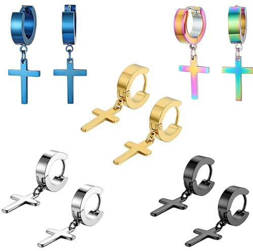 5 Paar Kreuz Ohrringe,Damen Kreuz Ohrringe,Kreuz Ohrringe aus Edelstahl,Schwarz, Gold, Blau, Silber, Farbe, für Frauen, Männer, Unisex, Hypoallergen