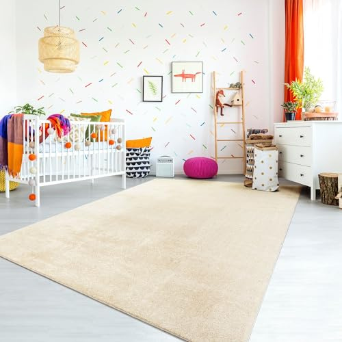 TT Home Teppich Kinderzimmer Waschbar rutschfest Kinderteppich Junge Mädchen Weich Pastell, Farbe: Creme, Größe:120 cm Rund