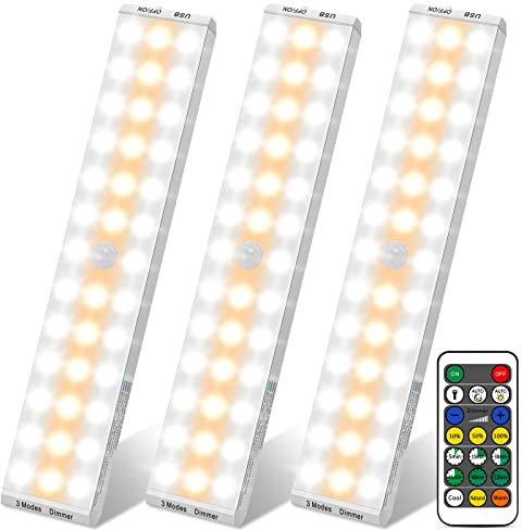 BLS Motion Sensor Light Indoor, Battery Lights with Remote Control, Upgraded 38 LEDs 1500mAh Wardrobe Lights Dimmable & Timing, USB Rechargeable Light 3 Colours Under Cabinet Kitchen Lights, 3 Packs