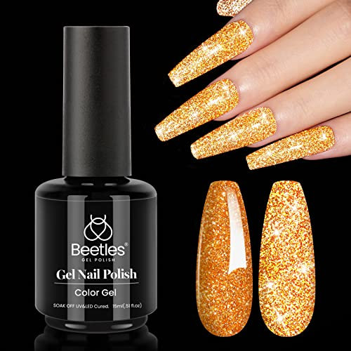 Beetles Gel Nail Polish Glitter Shine Yellow Orange Gel Polish Soak Off Nail Lamp Nail Art Manicure Salon DIY at Home, 15ml