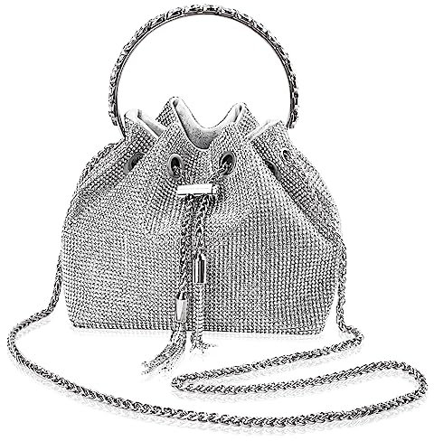 CIOUYAOS Handbag Shoulder Bag, Silver Clutch Bag for Women, Fashion Rhinestone Bucket Evening Bag for Wedding Formal Evening Prom Party Club