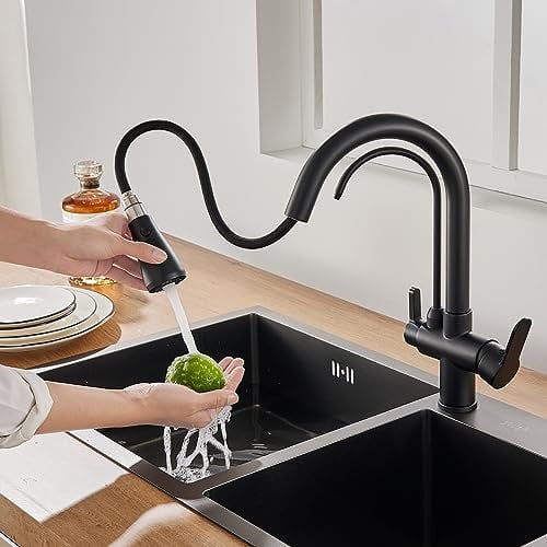 KINKIBOS 3 Wege Wasserhahn Küche, Messingkörper, 360° Drehbar Küchenarmatur mit Brause Ausziehbar, Trinkwasserhahn mit 2 Hebel, 3 in 1 Mischbatterie Küche für Wasserfilter, Schwarz