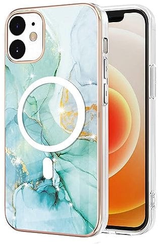 Knoowcase for iPhone 12 Phone Case Magnetic Case, Wireless Charging Shockproof Silicone Case Marble Slim Fit TPU Drop Protection Bumper Case for iPhone 12, Green Marble