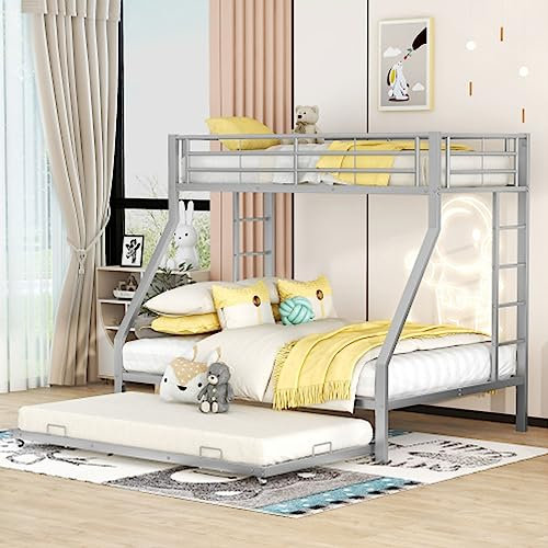 Tcewhhy Etagenbett Metallbett Mit Ausziehbarem Bett Für 3 Personen Jugendbett Mit Leiter Auf Beiden Seiten Hochbett Für Kinder Jugendliche Erwachsene 90(140) x200cm Silber