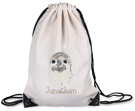 timalo® Kinder Turnbeutel personalisiert mit Namen | Sportbeutel bedruckt | süße Tiermotive | Kindergarten Stoffbeutel Geschenke Mädchen Jungen | 22- Robbe