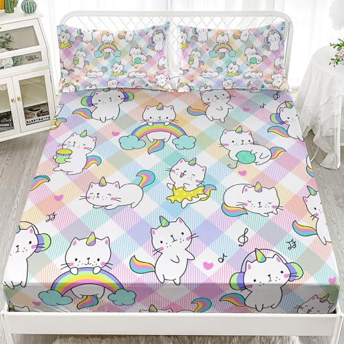 AILONEN Einhorn Katzen Spannbettlaken Set Twin Size, Regenbogen Einhorn Katze Bettwäsche Kawaii Bettlaken-Set, niedliches Cartoon-Katzen-Bettwäsche-Set, 3-teilig, 1 Spannbetttuch und 3 Kissenbezüge