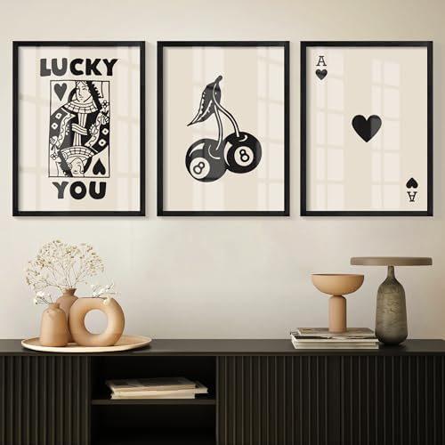 Heiple Gerahmtes Set mit 3 Poker-Wandkunst, Lucky You-Poster, trendiger Retro-Druck, Wanddekoration für Königin der Herzen, Wandkunst, rustikal, Vintage, Bauernhaus, Heimdekoration (schwarz, 30,5 x