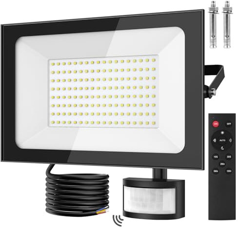 papasbox Foco LED 150W con sensor de luz exterior detector de movimiento | Foco de exterior con mando a distancia | Reflector resistente al agua IP66 blanco frío 6500K para jardín garaje