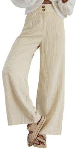 Imuedaen Cordhose Damen High Waist Weites Bein Hosen Freizeithose Lang Casual Locker Hose mit Taschen und Knöpfen (Beige, S)