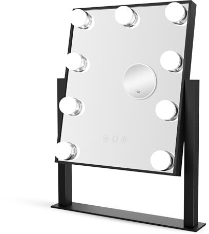 Bayt Schminkspiegel 36 x 30 cm in Schwarz – LED Hollywood Spiegel mit 3 Lichtmodi (warm, kalt, neutral), Touch-Bedienung, 10x Vergrößerungsspiegel & Standfuß
