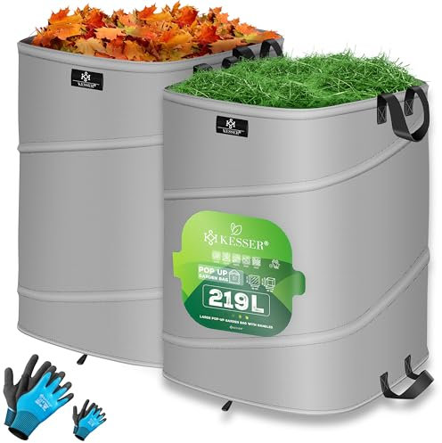 KESSER® Lot de 2 Sacs de Jardin Pop-up - 219 l - avec Gants - Autoportants avec poignées - Stable - Robuste et Pliable - pour Couper la pelouse - pour déchets de Jardin - Coupe Verte