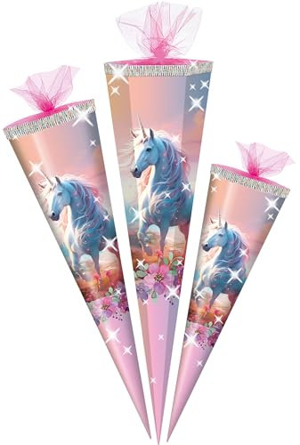 alles-meine.de GmbH Schultüte - mit 3D Glitzer - Effekt ! - Einhorn & Blumen - 50-85 cm - Größe wählbar - Zuckertüte - Tüll Abschluß - eckig/rund - klein & groß - Geschenktüt..