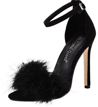 Sandali da donna con tacco alto e cinturino in piuma, sexy, con fibbia, stivali alti fino alla coscia, tacco grosso, Nero , 39.5 EU