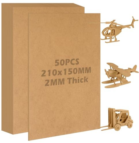 WOPPLXY Lot de 50 planches de bois MDF A5 pour travaux manuels, 2 mm, panneaux de fibres MDF vierges pour gravure laser, peinture, décoration - 210 x 150 mm