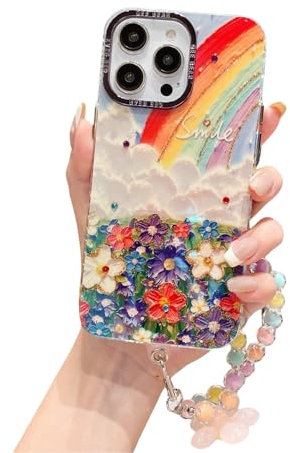 Rokmym Compatible avec Coque iPhone 13 Cover avec Perle Bracelet Chain Strap Coloré Vintage Peinture à l'huile Fleur Case Motif Design Antichoc en Souple Silicone TPU Bumper Coque ,Arc-en-Ciel