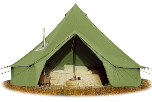 Cotton Canvas Bell Tent - Glamping Yurt with Stove Jack, Waterproof and Breathable Cotton, 4 Season Tent with Zipped Removable Floor (Olive, 3M Diameter)