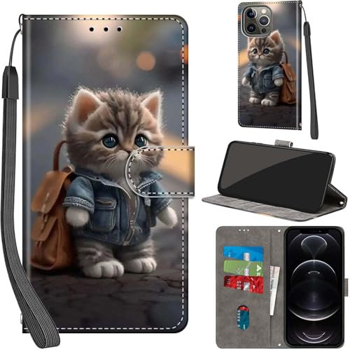 Haninsuze for iPhone 13 Pro Max 6.7-Inch Case PU Leather Wallet Book Flip Folio Stand View Magnetic Multi-Pattern Cover compatible with iPhone 13 Pro Max Phone Case (Cat)